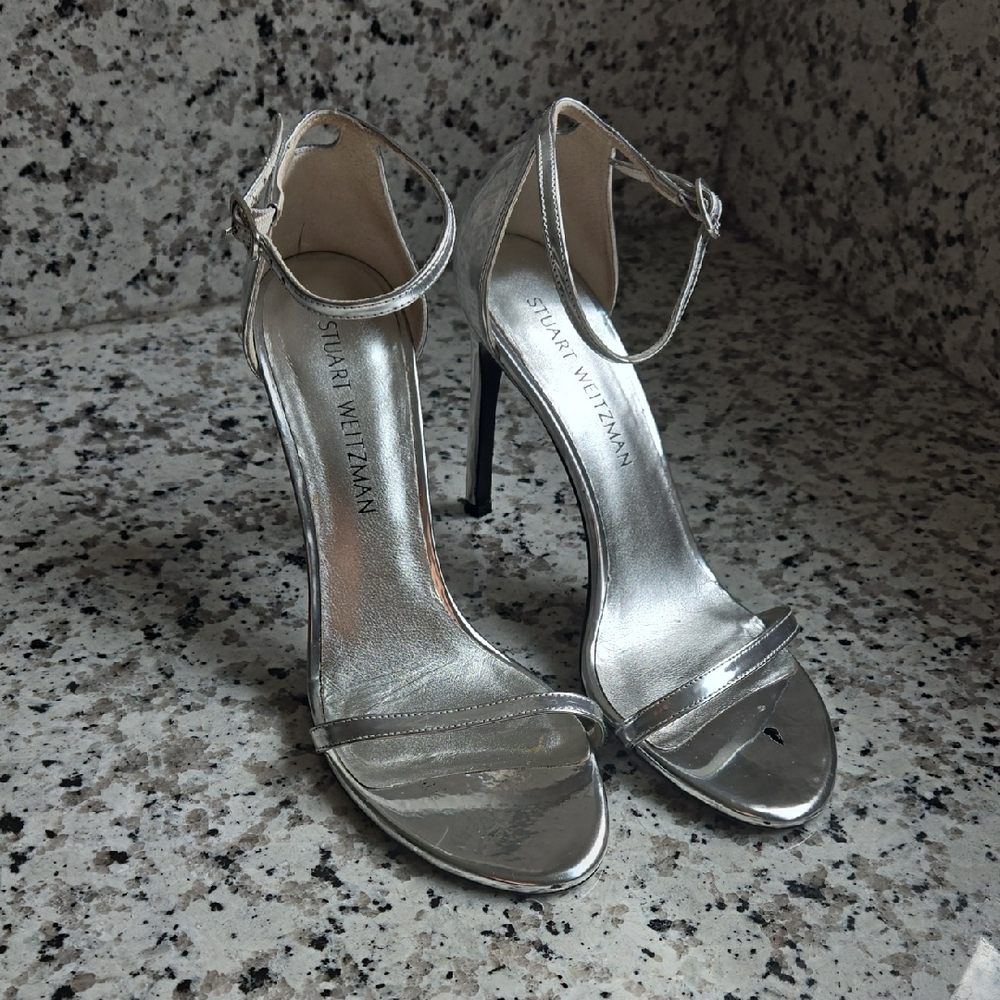 Stuart Weitzman Nudistsong Metallic Silver Heels